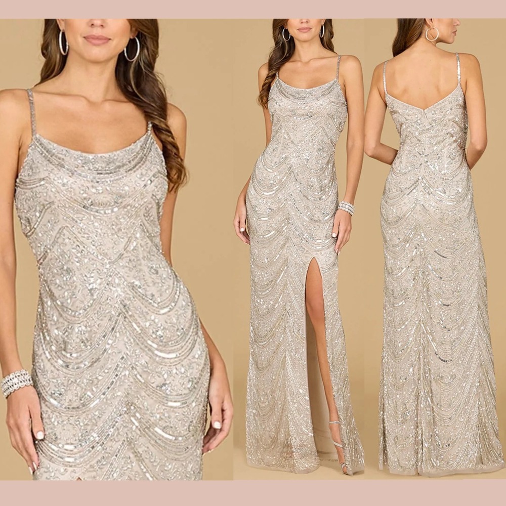 NWT $598 LARA‎ [ 4 ] 29117 Scoop Neck Beaded Gown with Slit in Silver #J2023